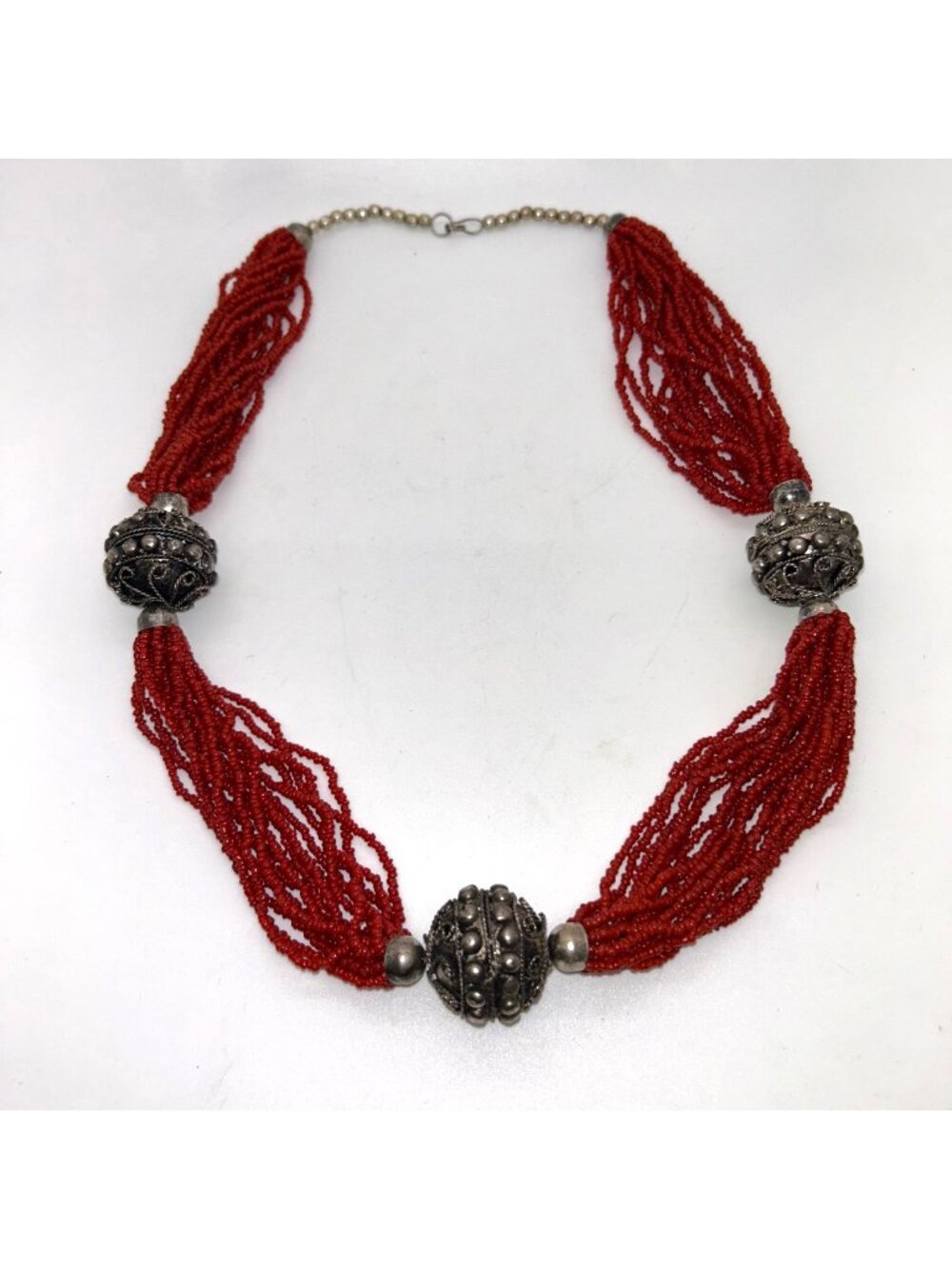 Vintage Coral Color Beaded Necklace With Ornate Metal Accents & Hook Clasp